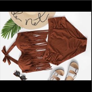 Plus Fringe Trim Halter Top Ruched Bikini (SOLD)